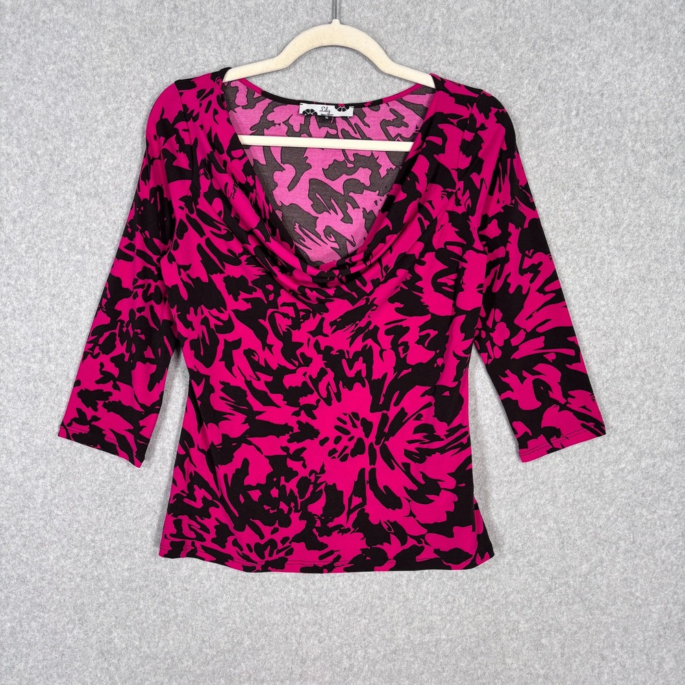 Lily Liquid Knit Blouse‎ Small Cowl Drape Slinky Abstract Floral Artsy Travel